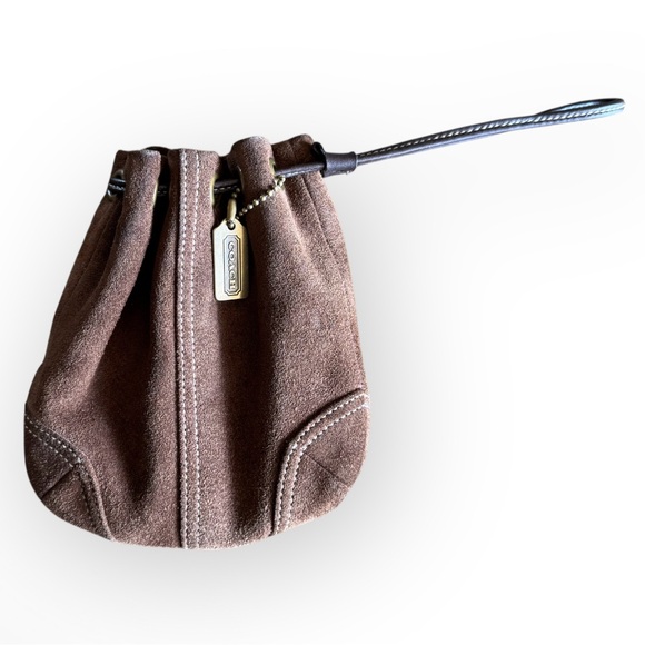 Coach Vintage Chocolate Brown Suede Leather Drawstring Wristlet Pouch Bag Sack - Picture 1 of 12